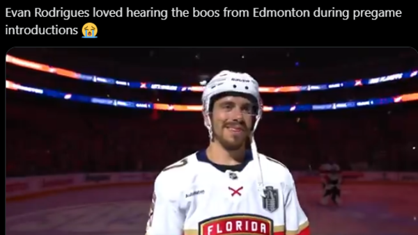 Evan Rodrigues grins through boos in Edmonton