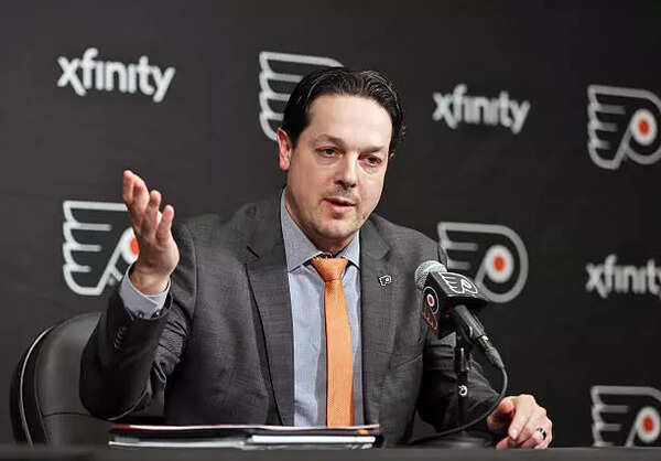 ​General Manager Daniel Briere of the Philadelphia Flyers addresses the media