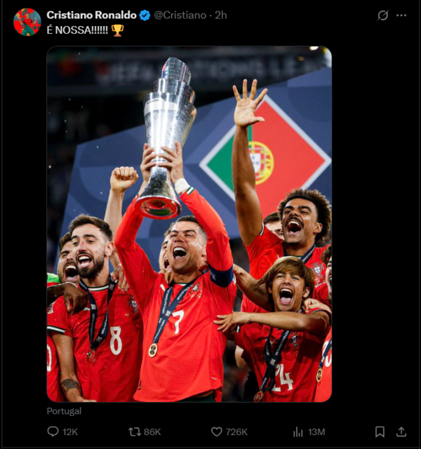 Cristiano Ronaldo's post on X after winning the UEFA Nations League over Spain (Image via X) Cristiano Ronaldo