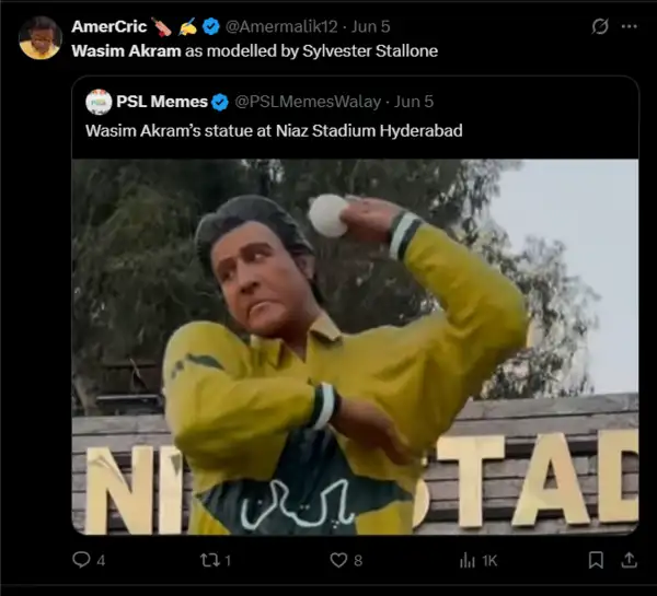 Wasim Akram's statue outside the outside the Niaz Stadium (Image via X) Wasim Akram