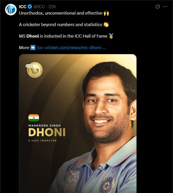 The 43 -year -old is officially inducted into the ICC Hall of Fame (image through X/@ICC) ICC post for MS Dhoni on X