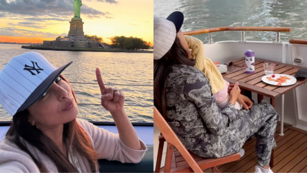 (Image Credits: Instagram) Priyanka in printed pajama set on a cruise boat