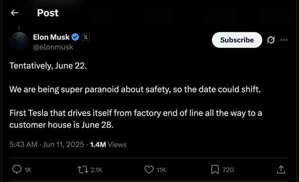 Elon Musk sets June 22 date for Tesla robotaxi launch