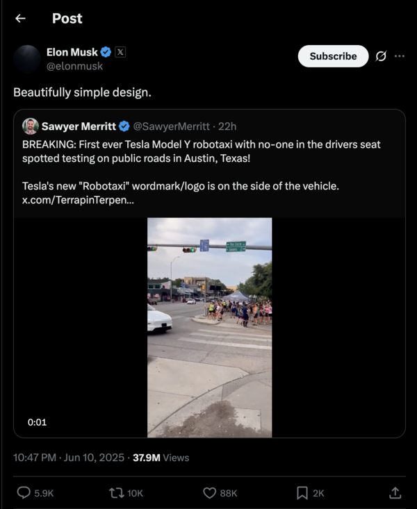 Musk shares post showing Tesla robotaxi prototype