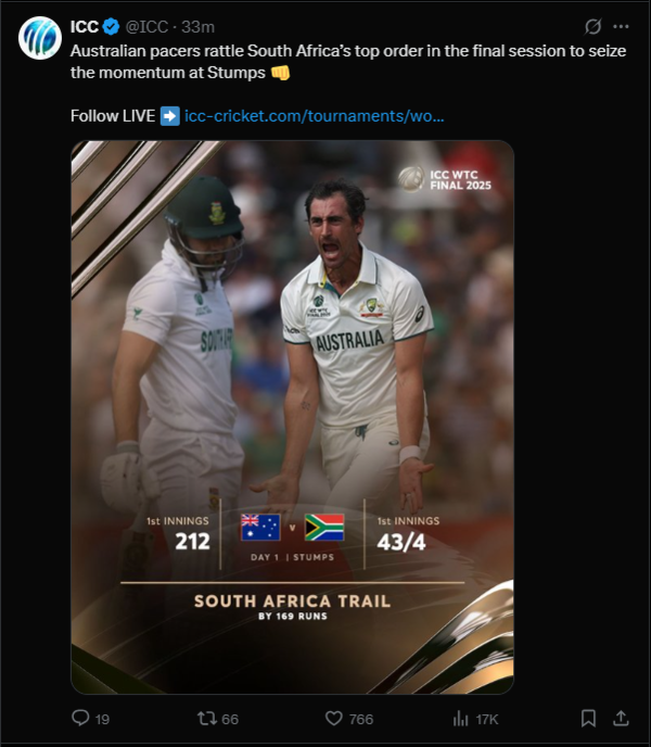 South Africa Trail Australia Australia Day 1 at the end of day 1 (image through X) South Africa Trail Australia 169 runs at the end of day 1