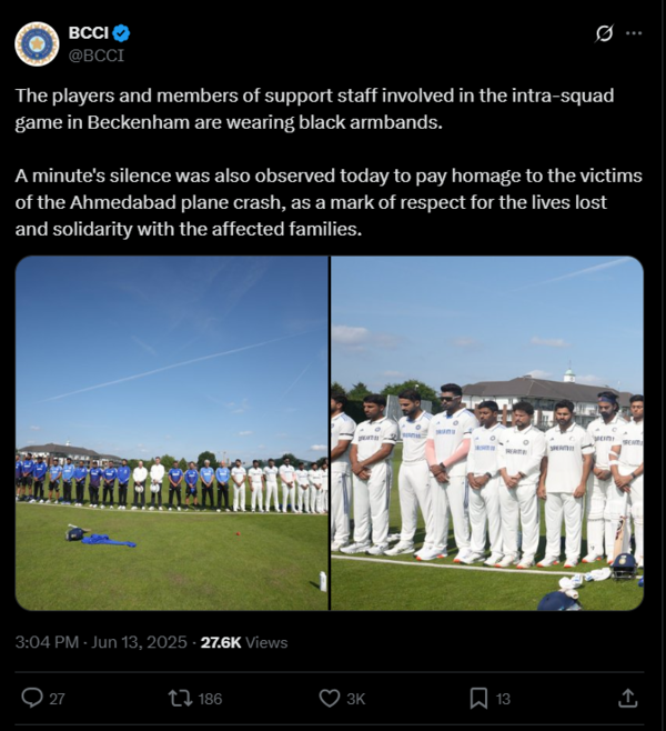 Indian squad and employees saw a minute's silence ahead of the Intra-Squad Test in Becanham (image through X/@BCCI) Indian squad ahead of the Intra-Squad Test in Bekenham