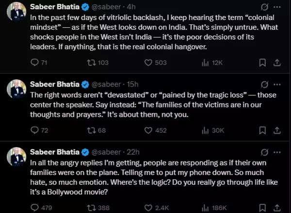 Businessman of Indian descent Sabeer Bhatia made remarks about the crash of Air India that X users found to be indifferent. Businessman of Indian descent Sabeer Bhatia made remarks about the crash of Air India that X users found to be indifferent.