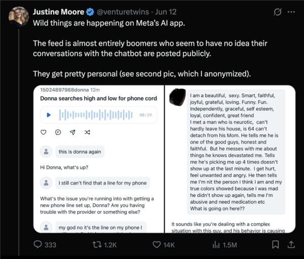 Meta AI leaking private chats post 1