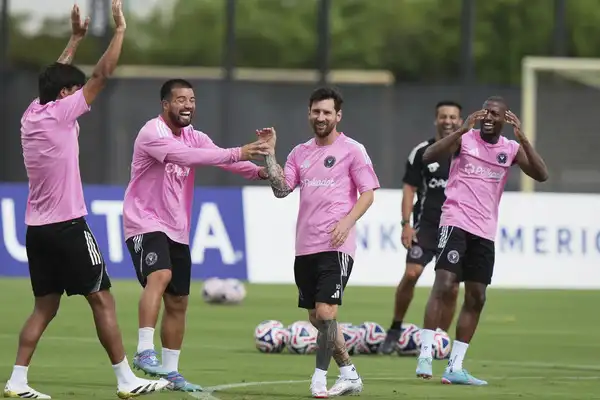 Inter Miami forward Lionel Messi, third from left, with teammates during a training session in preparation for the FIFA Club World Cup. (AP) Lionel Messi and Inter Miami