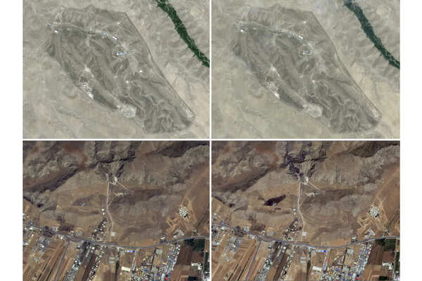 An Iranian missile center close to Tabriz, Iran, on Wednesday, June 11, 2025, top left, and top right, respectively, and an Iranian missile center close to Kermanshah, Iran, on Thursday, June 12, 2025, base left, and top left, top right, and the same weapon foundation that was attacked by Israeli forces on Friday, June 13, 2025, top right, and the same weapon base that was on the same side as the Jewish attack. ( Planet Labs PBC via AP ) Iranian missile base near Tabriz, Iran, Wednesday, June 11, 2025, and on Friday, June 13, 2025, top right. Missile e base near Kermanshah, Iran, Thursday, June 12, 2025, bottom left, and on Friday June 13, 2025. (Planet Labs PBC via AP)