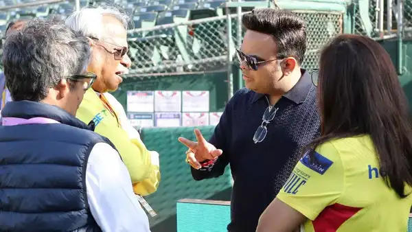 ICC chief J Shah along with CSK CEO Kasi Vishwanathan at Okland Colizium. (Special arrangement) J Shah and Kasi