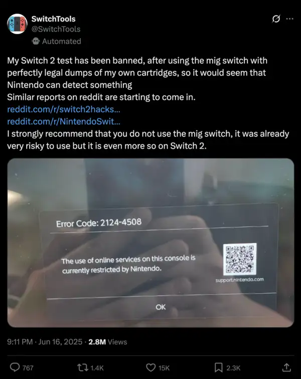X post showing Nintendo banning some players to prevent piracy