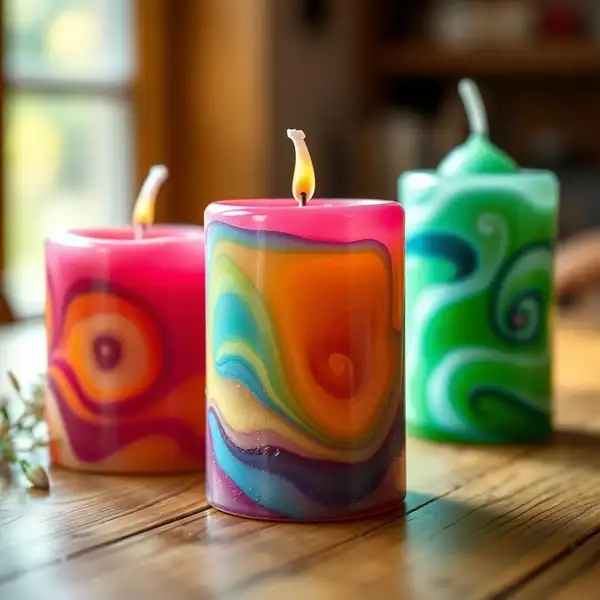 Colorful Homemade Candles on Rustic Table