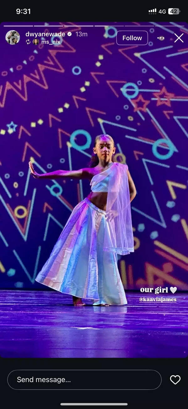 Dwyane Wade’s daughter Kaavia James steals spotlight dancing in white lehanga to bollywood song by Arijit Sing (Image Source: Instagram Story) Kavvia Union Wade (Image Source: Instagram Story)