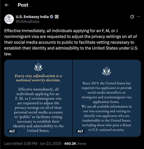 X post shared by US Embassy India