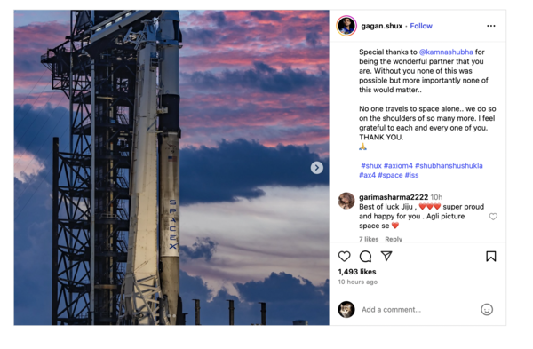 Sudhanshu Shukla's Instagram post