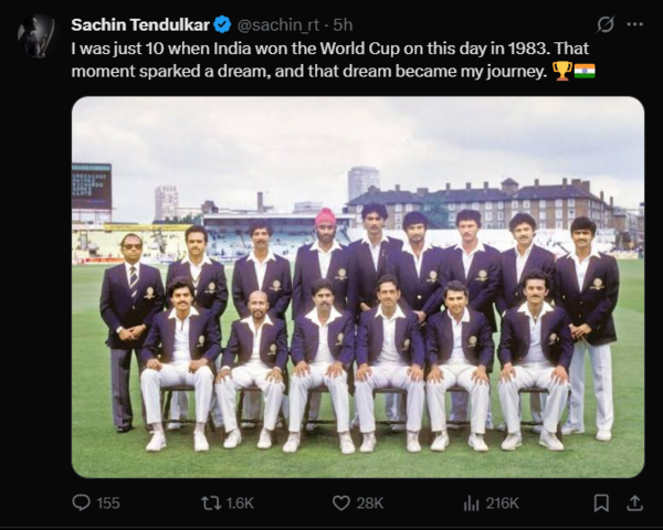 Sachin Tendulkar's X post on the anniversary of India's iconic victory in 1983 (Image via X/@sachin_rt) Sachin Tendulkar's X post