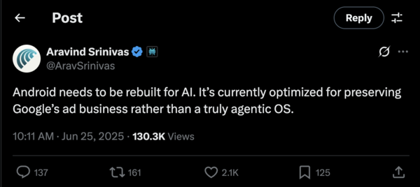 Perplexity AI CEO Aravind Srinivas' post on Android