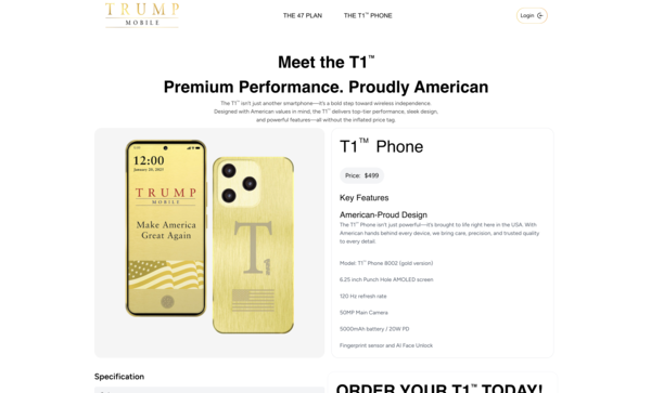 T1 Phone updated website with new "America-Proud Design" claim and updated specs