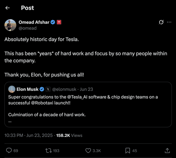 Omead Afshar's X post on Tesla's robotaxi launch