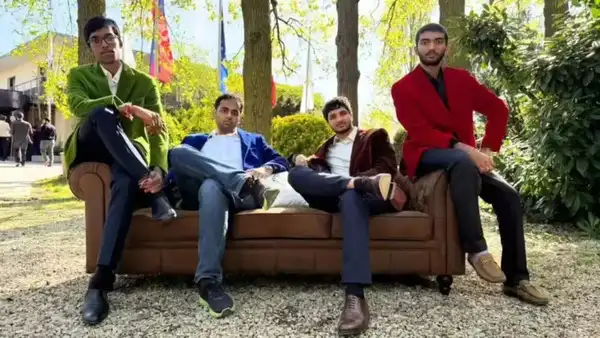 D Gukesh, Vidit Gujrathi, Arjun Erigaisi, and R Praggnanandhaa from right to left (Photo Credit: ChessBase India) D Gukesh, Vidit Gujrathi, Arjun Erigaisi, and R Praggnanandhaa from right to left