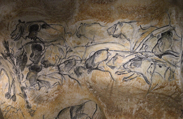 Cave lions and bison depicted in the Chauvet Cave, France