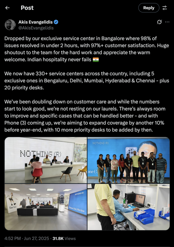 X post shared by Nothing's co-founder and India head Akis Evangelidis