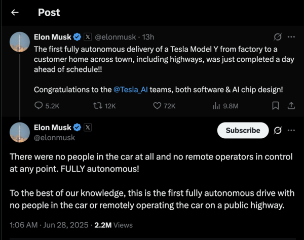 Elon Musk's post on Tesla's first fully autonomous delivery
