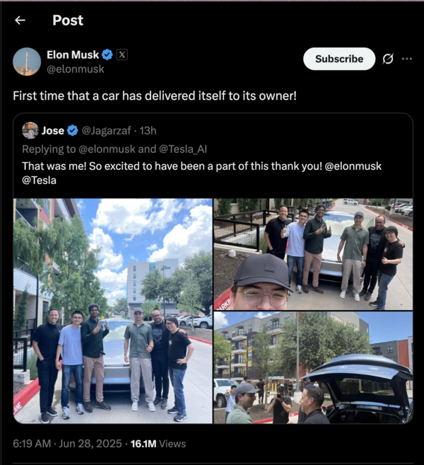 Elon Musk reshares customer's post who got Tesla's first fully autonomous delivery