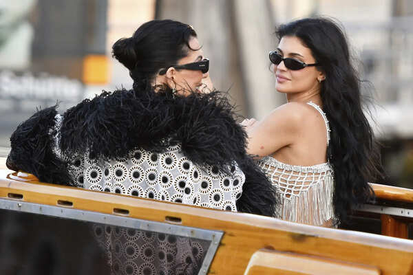 Kriss Jenner, left, and Kylie Jenner leave a hotel during celebrations for Jeff Bezos and Lauren Sanchez Bezos' wedding, in Venice, Saturday, June 28, 2025. (AP Photo/Luigi Costantini) Italy Venice Bezos Wedding