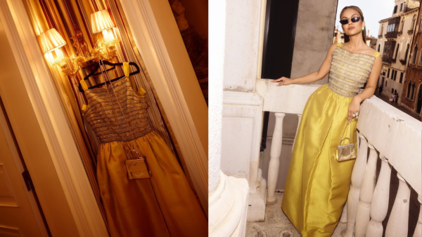 Natasha in 1960s vintage slubbed silk gown