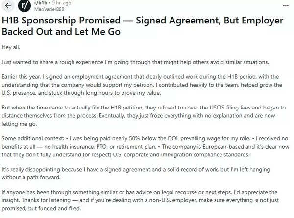 Redditor says company broke promise of H-1B sponsorship despite agreement. Redditor says company broke promise of H-1B sponsorship despite agreement.