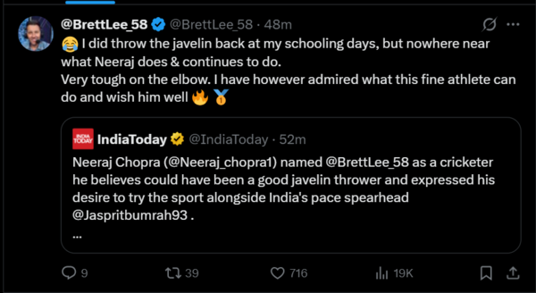 Brett Lee's response to Neeraj Chopra on X (image through x/@Brettlee_58) Brett Lee on X