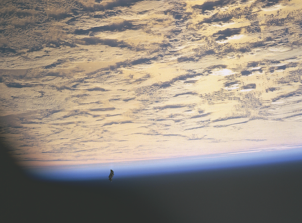 A photo snapped by an astronaut during the space shuttle mission STS-88 in 1998 that conspiracists claim shows the "Black Knight." (Image credit: NASA)