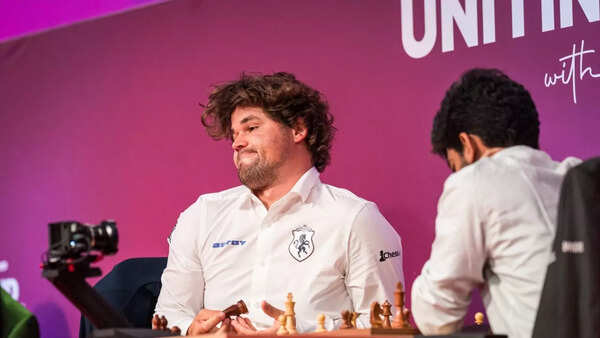 Magnus Carlson during his game during his game in the Super UNET Rapid and Blitz tournament in Zagreb, Croatia. (Image: Grand Chess Tour/X) Carlson-Gukesh-GCT