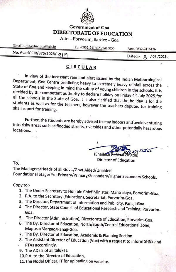 Goa schools closed today due to heavy rainfall alert, students advised to stay indoors
