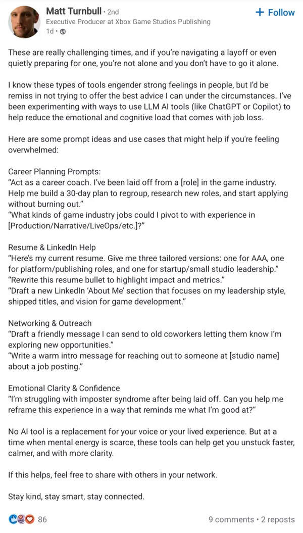 Matt Turnbull suggests using AI as a layoff coping tool