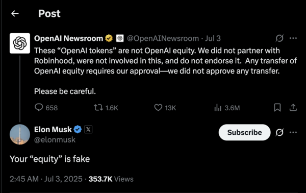 Elon Musk reacts to OpenAI’s ‘fake stock’ warning for investors: 'Your equity is…'
