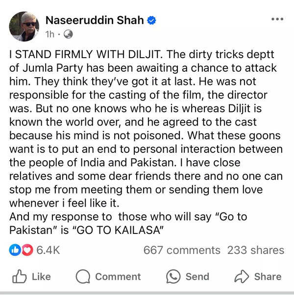 Naseeruddin Shah supports Diljit Dosanjh