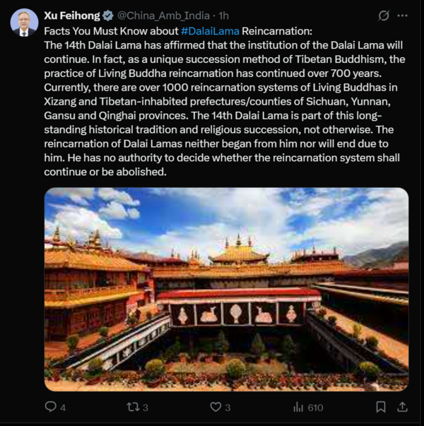 Post on X by China's ambassador to India, Xu Feihong (Screengrab: Credit/X)