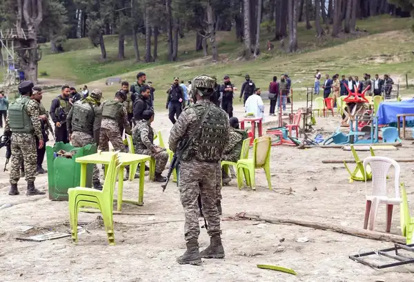 Security personnel on the site after the Pahgam terror attack on 22 April. (PTI) Pahgam.