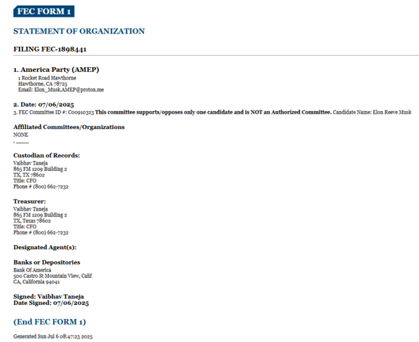 Elon Musk's US party's FEC form. Elon Musk's US party's FEC form.