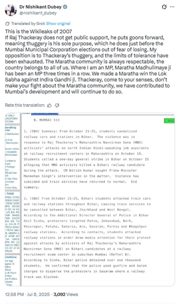 Nishikant Dubey X post Nishikant Dubey X post