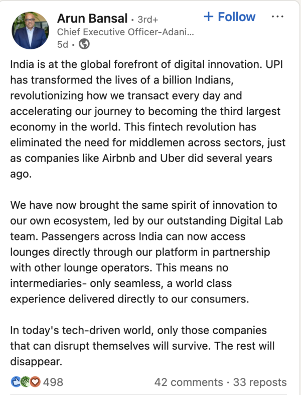 Adani Airports CEO Arun Bansal shares. LinkedIn post to announce online lounge booking services