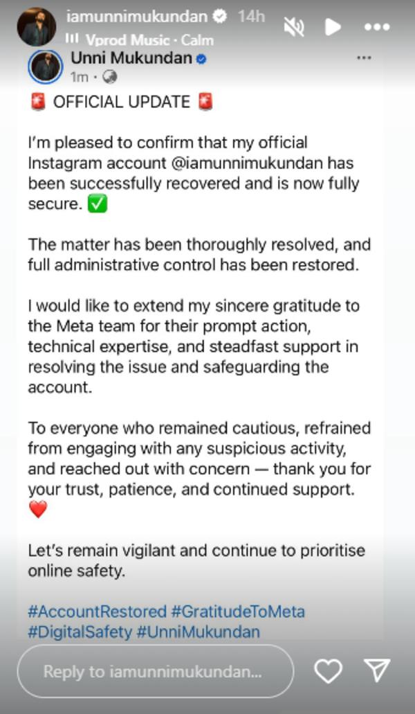 Unni Mukundan IG story