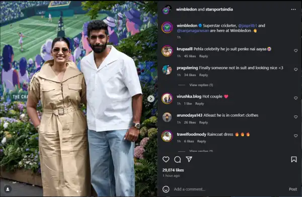 Jasprit Bumrah and Sanjana Ganesan at Wimbledon (Image via Instagram/Screengrab) Bumrah and Ganesan