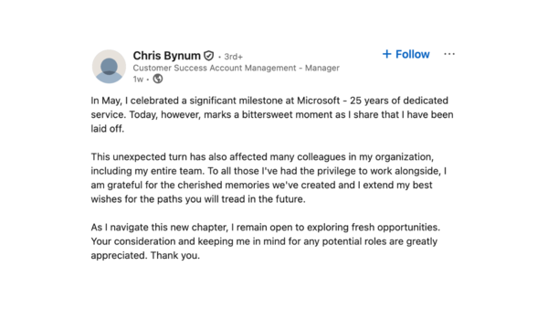 Chris Bynum's post on LinkedIn after he was laid off after celebrating 25 years at Microsoft