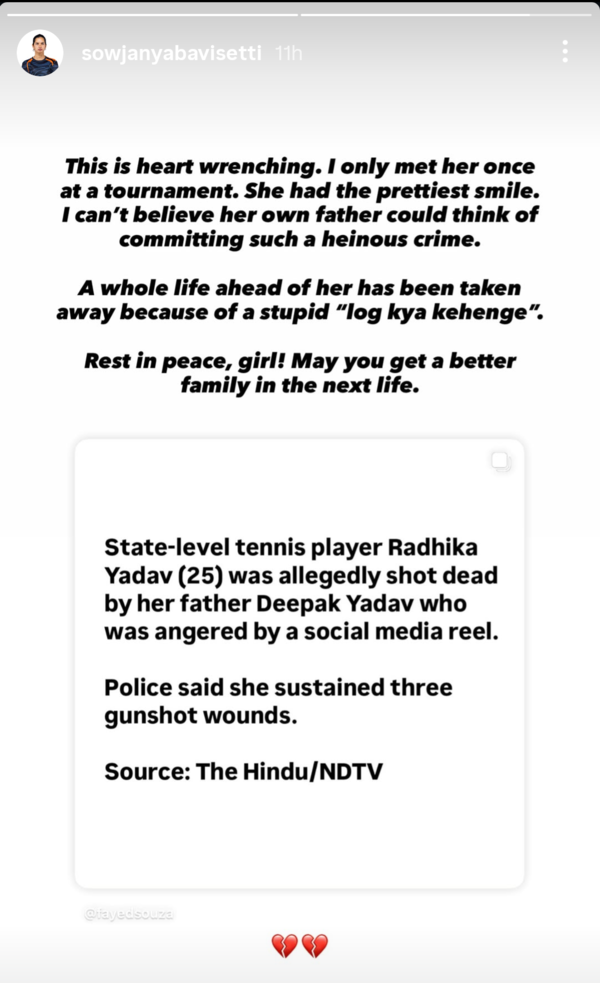 India women's tennis player Sowjanya Bavisetti reacted to the killing of Radhika Yadav. (Instagram) sowjanya bavisetti