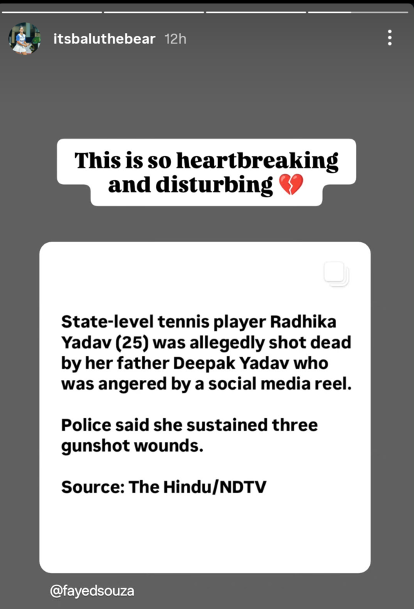 India women's tennis player Sharmada Balu reacted to the killing of Radhika Yadav. (Instagram) Sharmada Balu