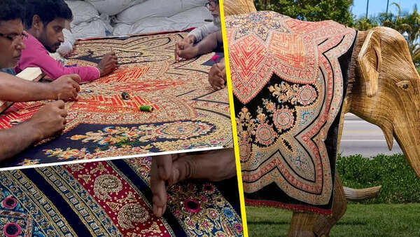 This one-of-a-kind textile by Ritu Kumar is hand-embroidered using the intricate techniques of ari, zardozi, and kashida